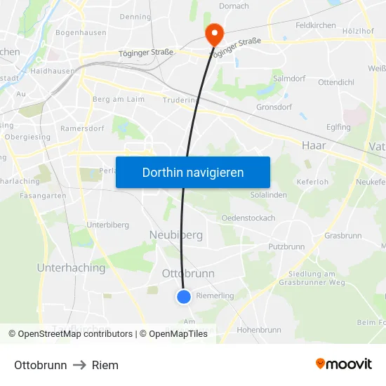 Ottobrunn to Riem map
