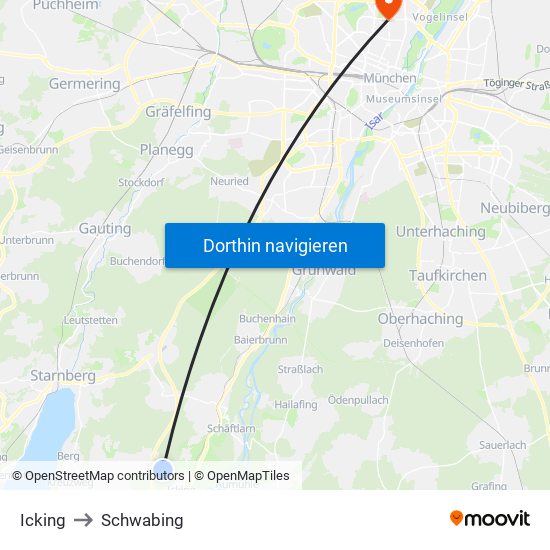 Icking to Schwabing map