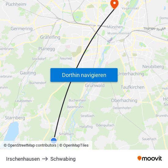 Irschenhausen to Schwabing map