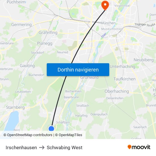 Irschenhausen to Schwabing West map