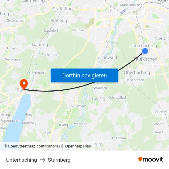 Unterhaching to Starnberg map