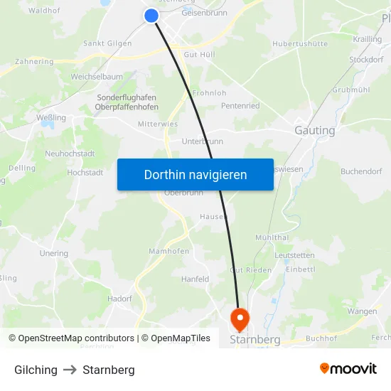 Gilching to Starnberg map