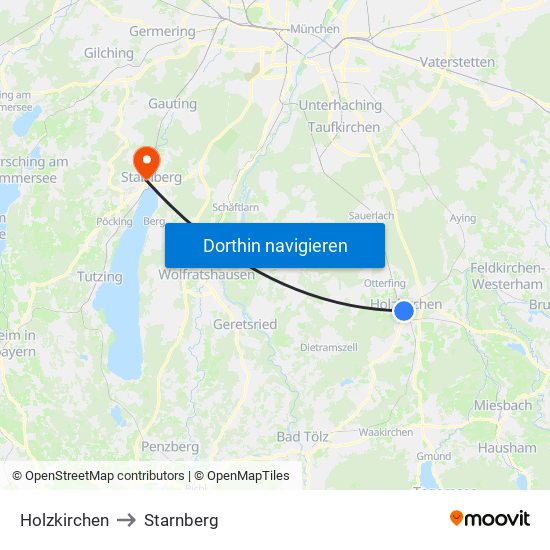 Holzkirchen to Starnberg map