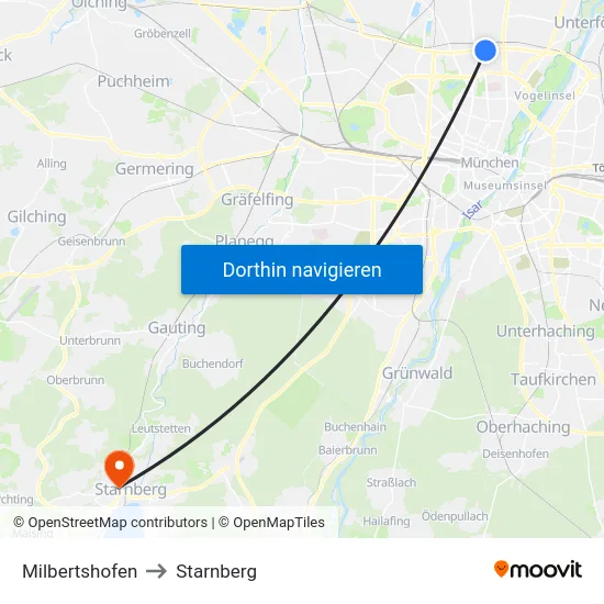 Milbertshofen to Starnberg map