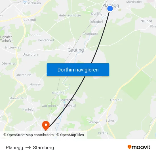 Planegg to Starnberg map