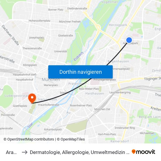Arabellapark to Dermatologie, Allergologie, Umweltmedizin II Prof. Stolz - Thalkirchner Straße München Klinik map