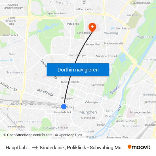 Hauptbahnhof to Kinderklinik, Poliklinik - Schwabing München Klinik map