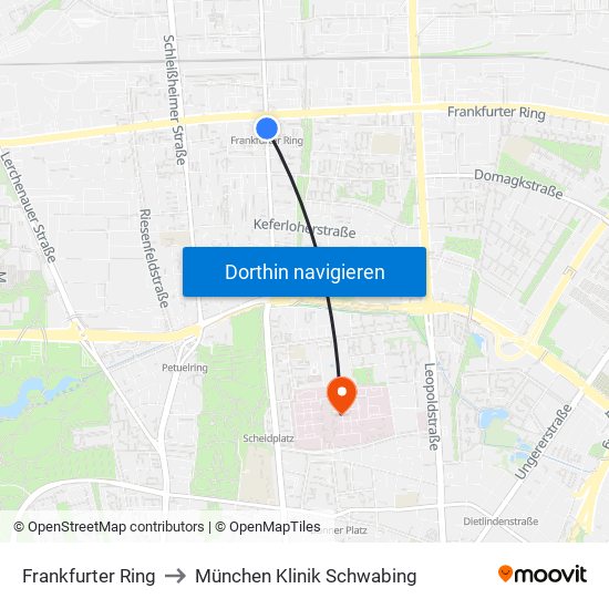 Frankfurter Ring to München Klinik Schwabing map