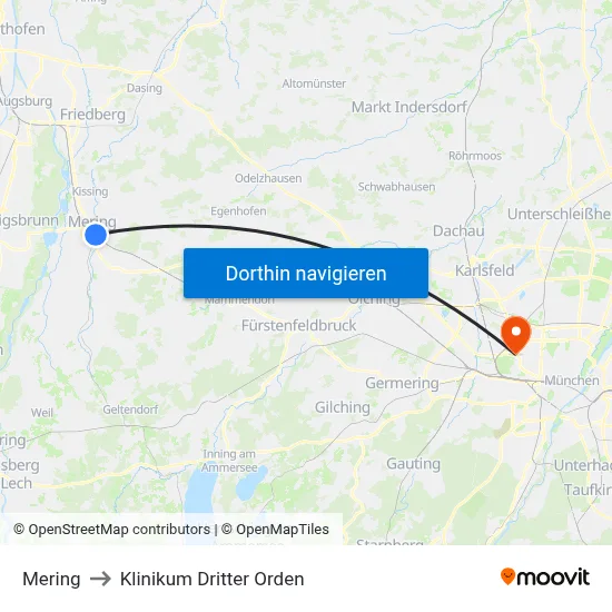 Mering to Klinikum Dritter Orden map