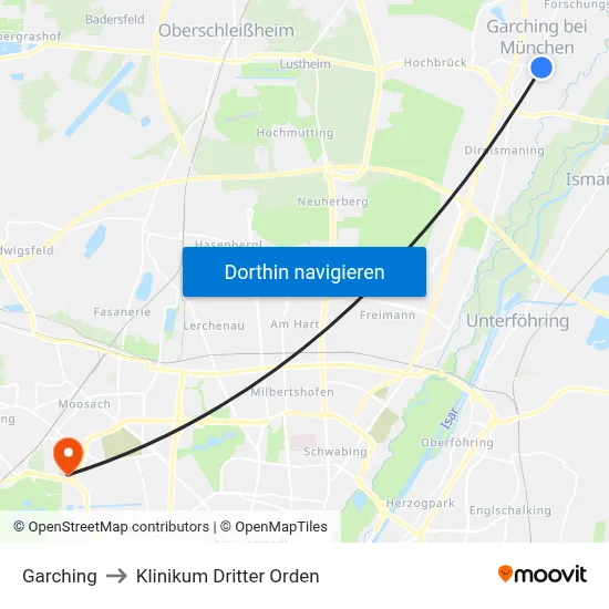 Garching to Klinikum Dritter Orden map
