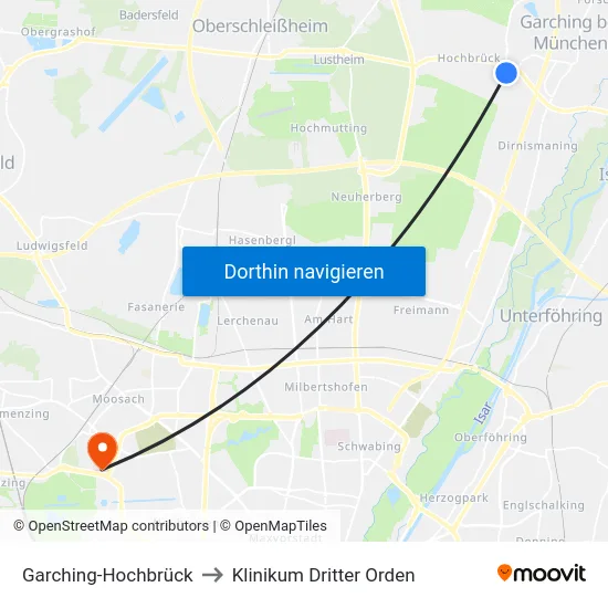 Garching-Hochbrück to Klinikum Dritter Orden map