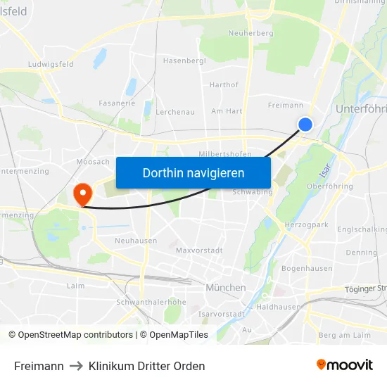 Freimann to Klinikum Dritter Orden map