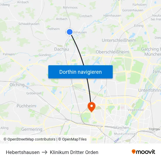 Hebertshausen to Klinikum Dritter Orden map