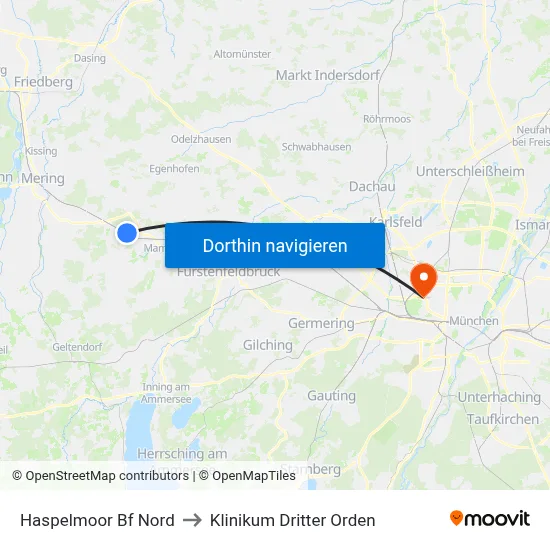 Haspelmoor Bf Nord to Klinikum Dritter Orden map