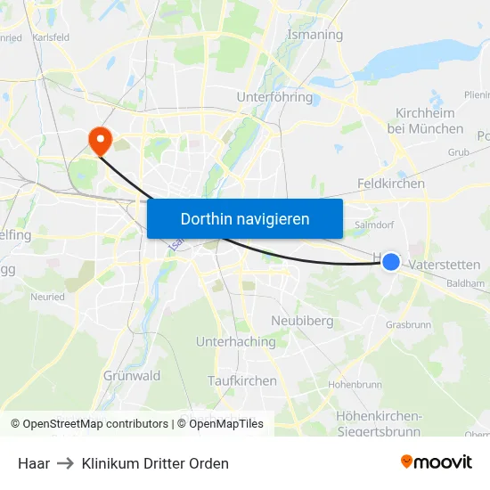 Haar to Klinikum Dritter Orden map
