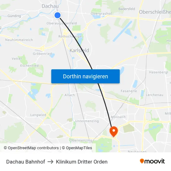 Dachau Bahnhof to Klinikum Dritter Orden map