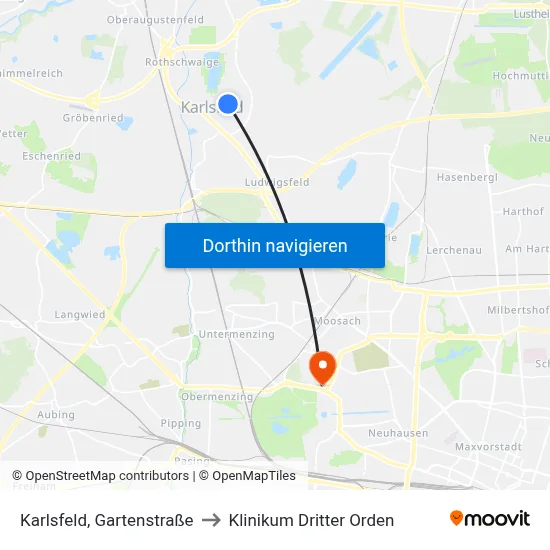Karlsfeld, Gartenstraße to Klinikum Dritter Orden map