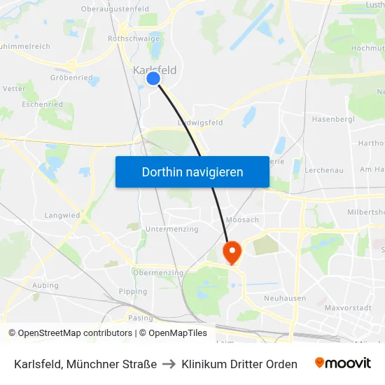 Karlsfeld, Münchner Straße to Klinikum Dritter Orden map