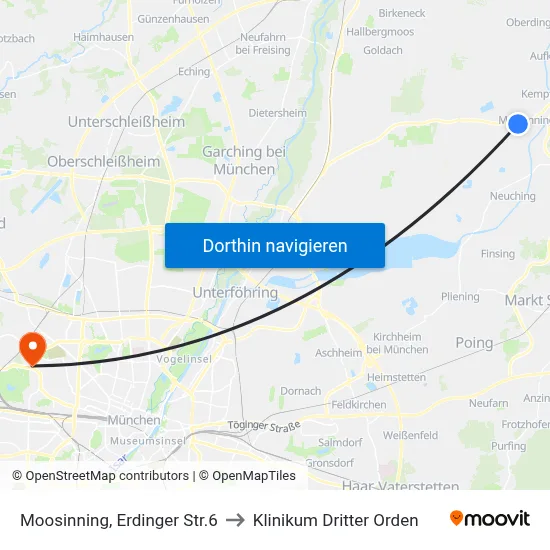 Moosinning, Erdinger Str.6 to Klinikum Dritter Orden map