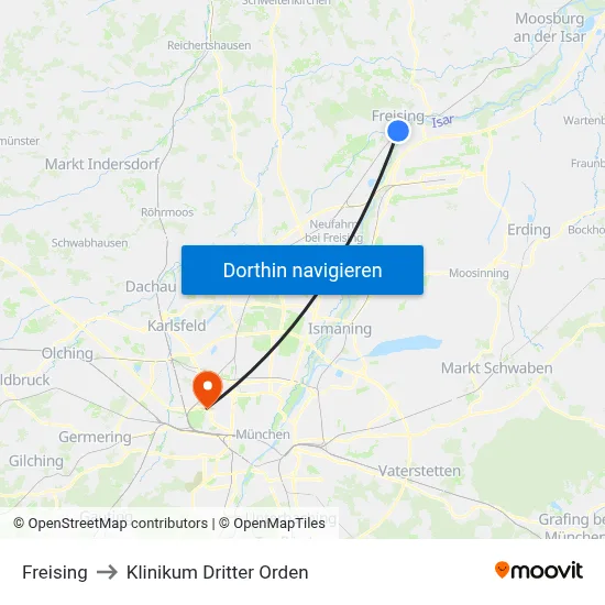 Freising to Klinikum Dritter Orden map