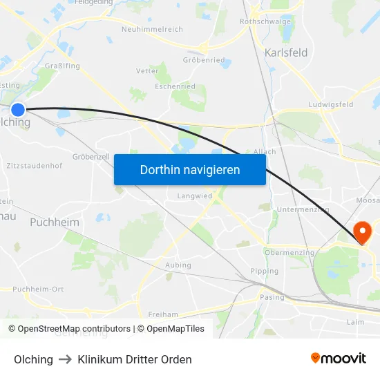 Olching to Klinikum Dritter Orden map