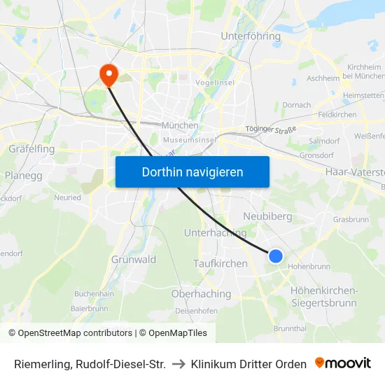 Riemerling, Rudolf-Diesel-Str. to Klinikum Dritter Orden map
