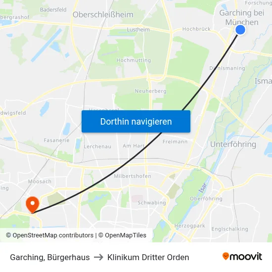 Garching, Bürgerhaus to Klinikum Dritter Orden map