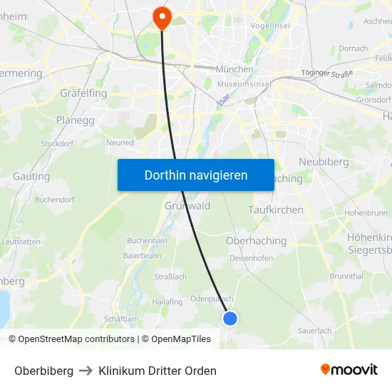 Oberbiberg to Klinikum Dritter Orden map