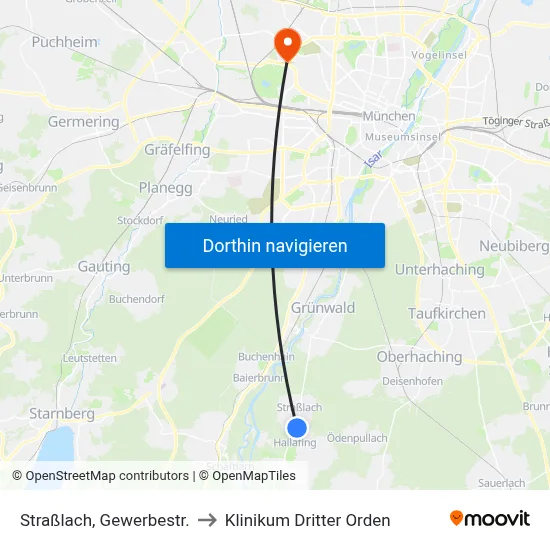 Straßlach, Gewerbestr. to Klinikum Dritter Orden map