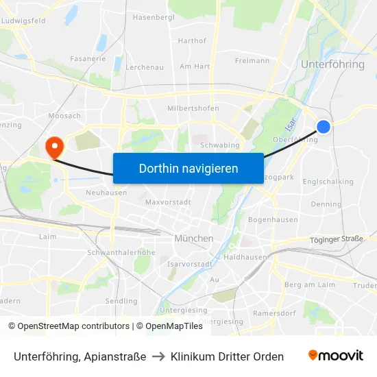 Unterföhring, Apianstraße to Klinikum Dritter Orden map