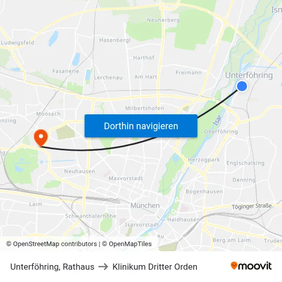 Unterföhring, Rathaus to Klinikum Dritter Orden map