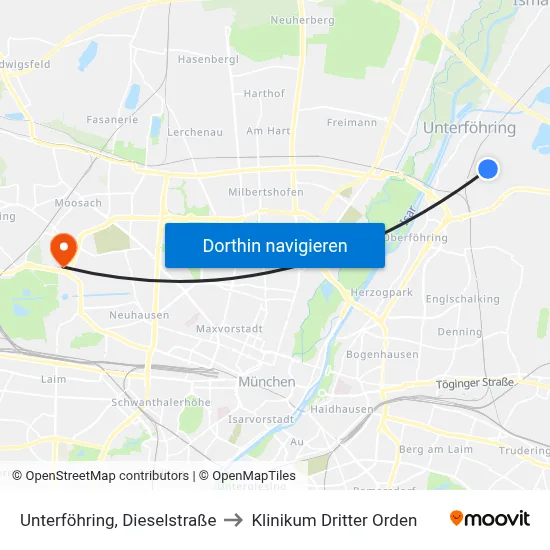 Unterföhring, Dieselstraße to Klinikum Dritter Orden map