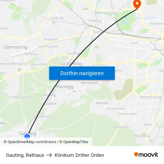 Gauting, Rathaus to Klinikum Dritter Orden map