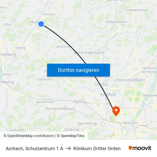 Aichach, Schulzentrum 1 A to Klinikum Dritter Orden map