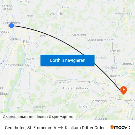 Gersthofen, St. Emmeram A to Klinikum Dritter Orden map
