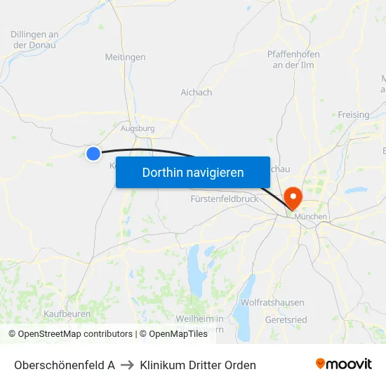 Oberschönenfeld A to Klinikum Dritter Orden map