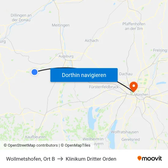 Wollmetshofen, Ort B to Klinikum Dritter Orden map