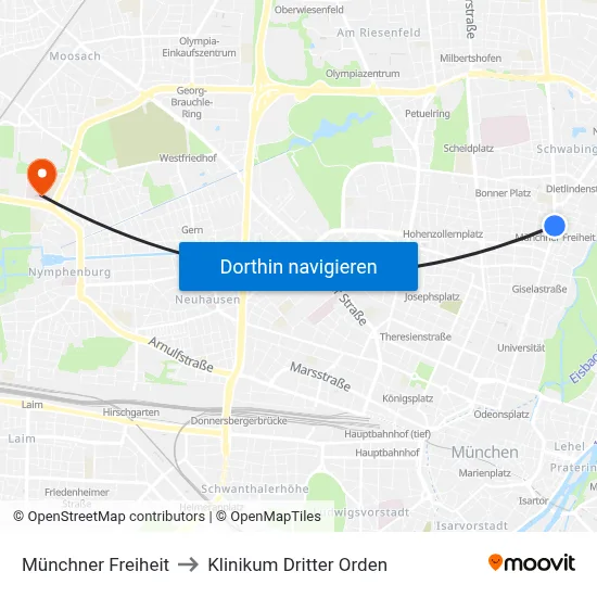 Münchner Freiheit to Klinikum Dritter Orden map