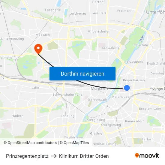 Prinzregentenplatz to Klinikum Dritter Orden map
