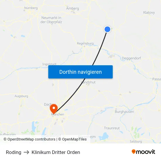 Roding to Klinikum Dritter Orden map