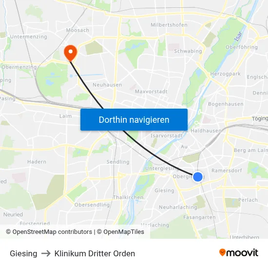 Giesing to Klinikum Dritter Orden map