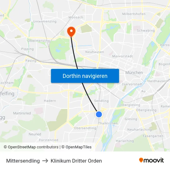 Mittersendling to Klinikum Dritter Orden map