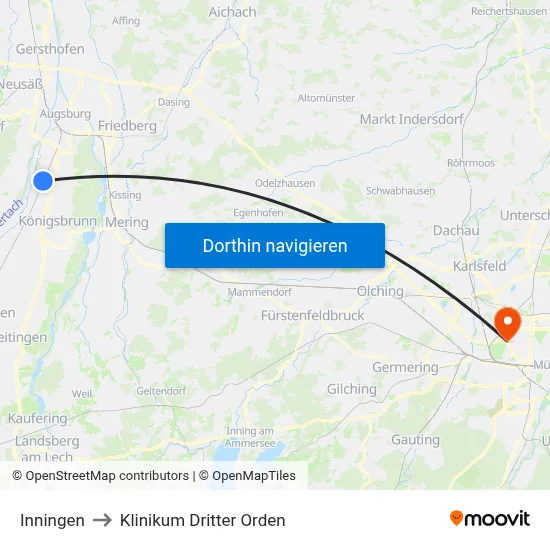 Inningen to Klinikum Dritter Orden map
