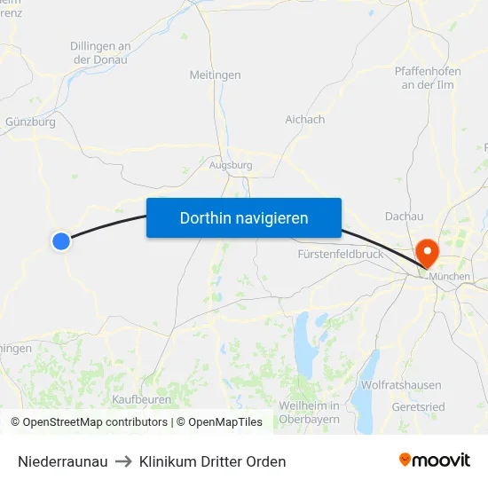 Niederraunau to Klinikum Dritter Orden map