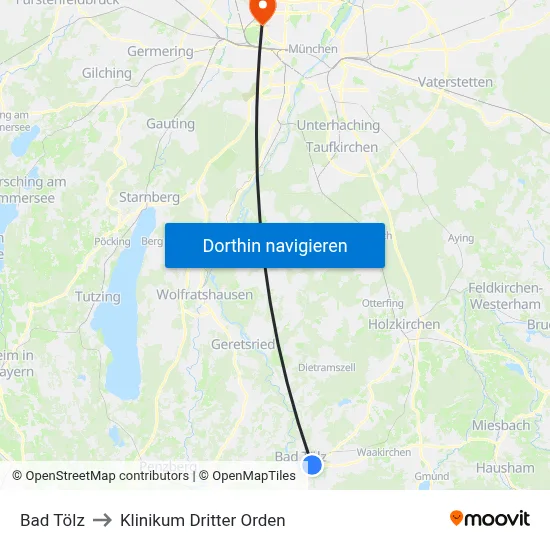 Bad Tölz to Klinikum Dritter Orden map