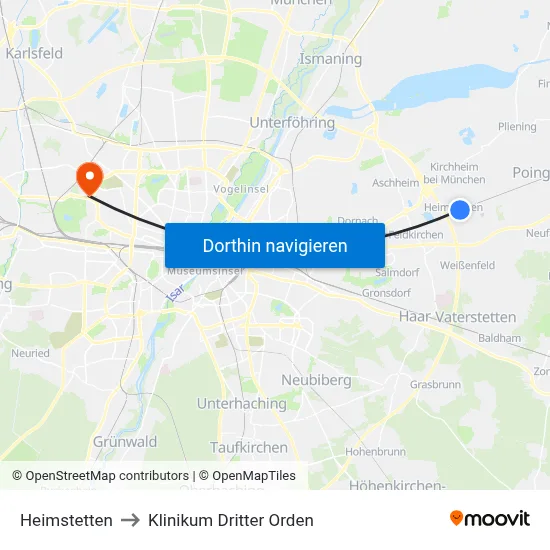 Heimstetten to Klinikum Dritter Orden map