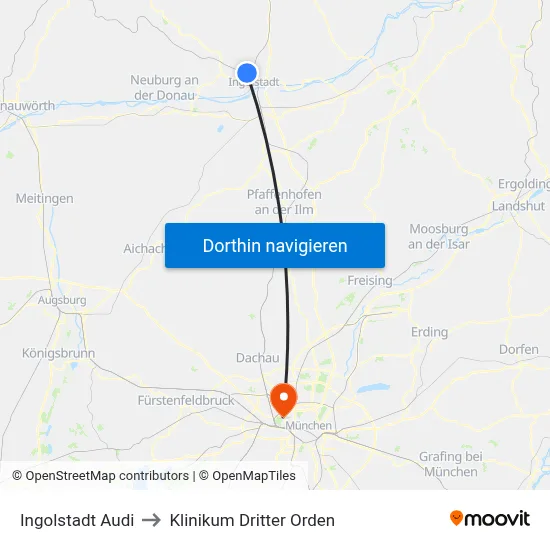 Ingolstadt Audi to Klinikum Dritter Orden map