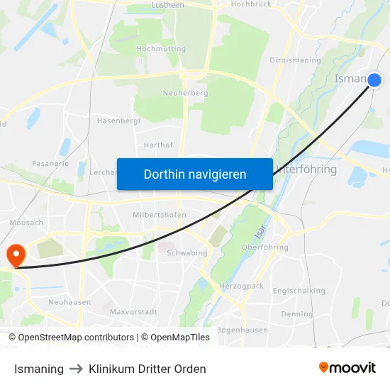 Ismaning to Klinikum Dritter Orden map