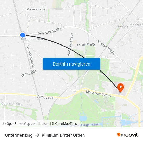 Untermenzing to Klinikum Dritter Orden map