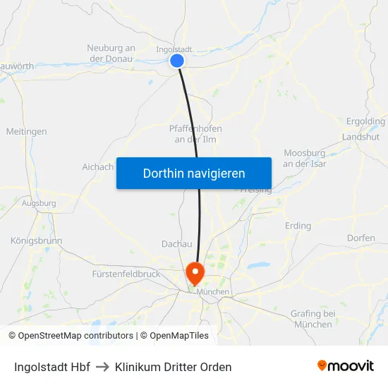 Ingolstadt Hbf to Klinikum Dritter Orden map